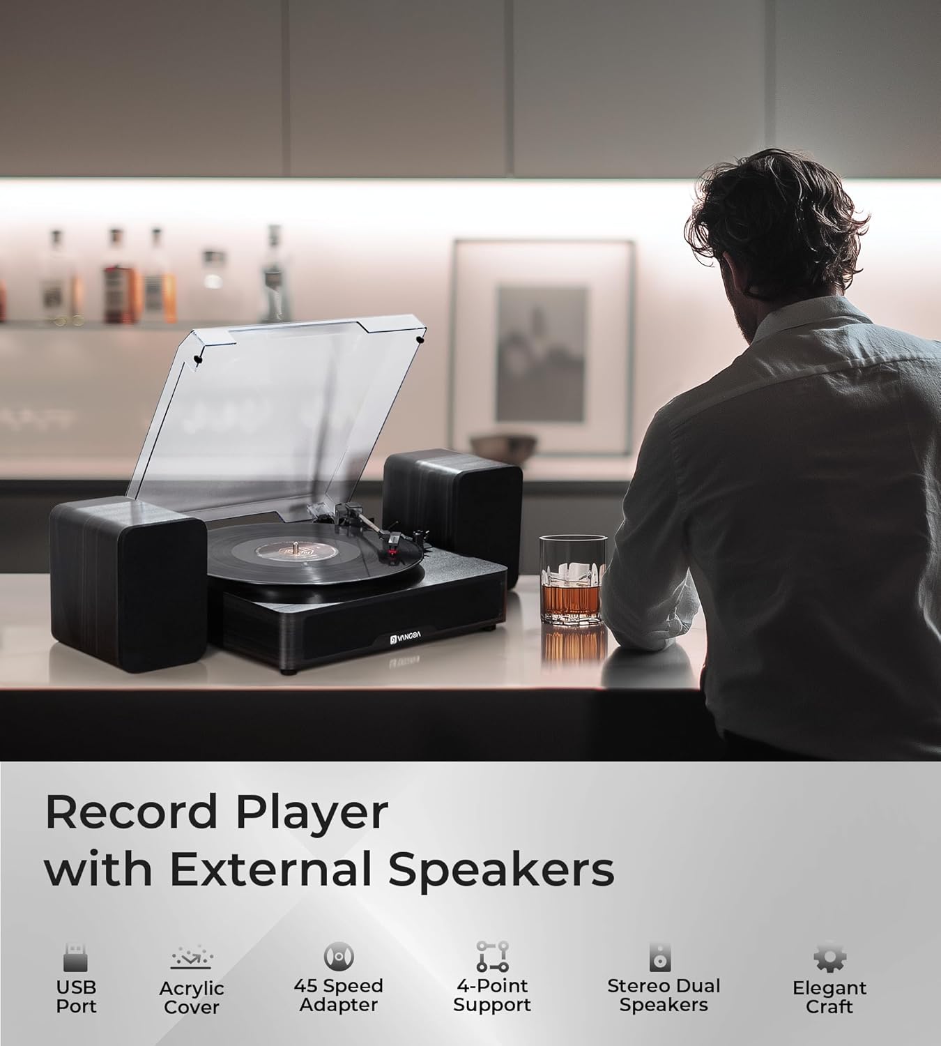 Vangoa Vinyl Record Player with Bookshelf Speakers Bluetooth Vintage Turntable for Vinyl Records Belt-Drive 3 Speed Portable LP Players Wooden Vinyl Players Auto Stop with Cleaning Kits, Black