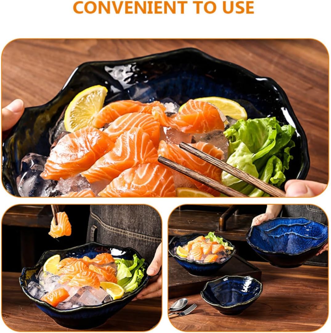 ULTECHNOVO Blue Ceramic Japanese Style Soup Bowl for Salad and Sashimi