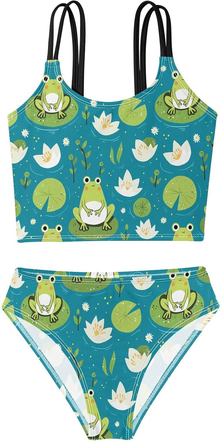 visesunny Girls Two Piece Swimsuits Cute Frog Lotus Leaf Girl's Bikini Sets Bathing Suits for Girls Size 5-12Y