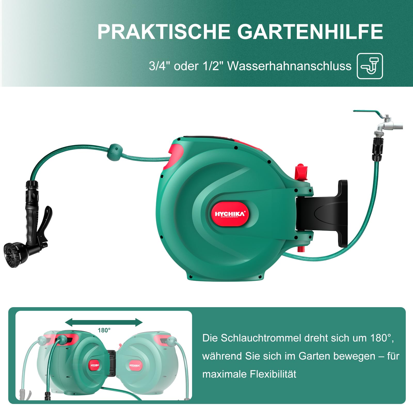 HYCHIKA Schlauchtrommel 30M - Wandmontierte Dehnbarer Gartenschlauch für den Garten, Auto Lock und Rewind, 8 Funktion Sprühpistole, 180°Schwenkbare Schlauchbox, Outdoor Bewässerung Sicher Speichern