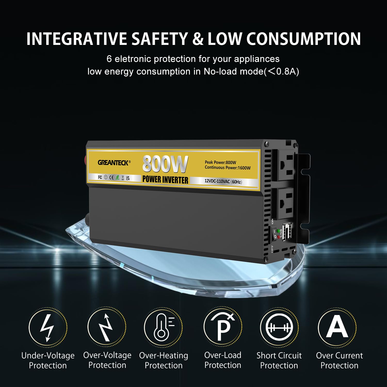 Power Inverter 800 Watt, 12V DC To 110V 120V AC