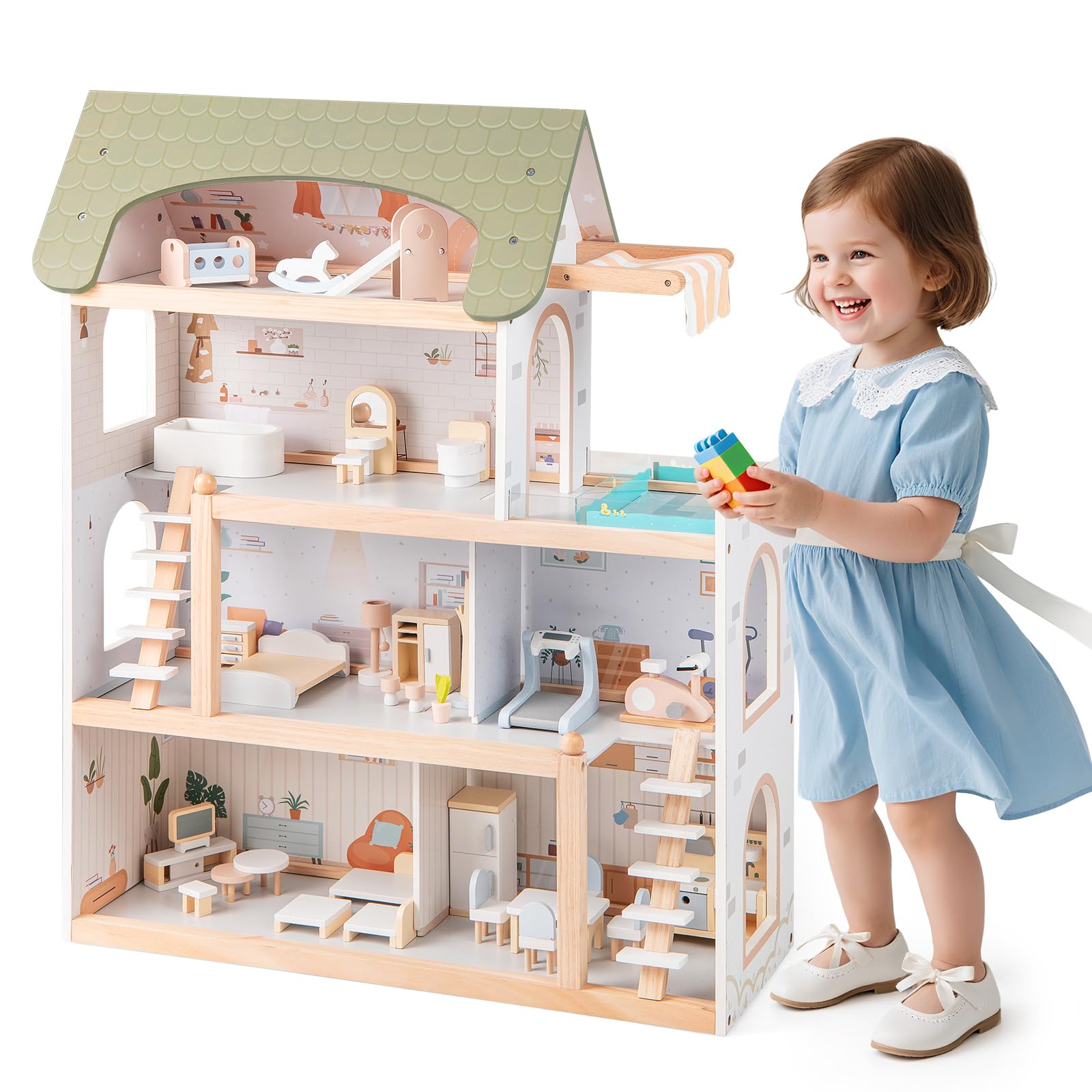 HONEY JOY Doll House, 4-Story Wooden Dollhouse Playset w/ 6 Rooms, 33 Accessories & Miniature Furniture, Pretend Play Toys Kit, 2.56 Feet Toddler Big