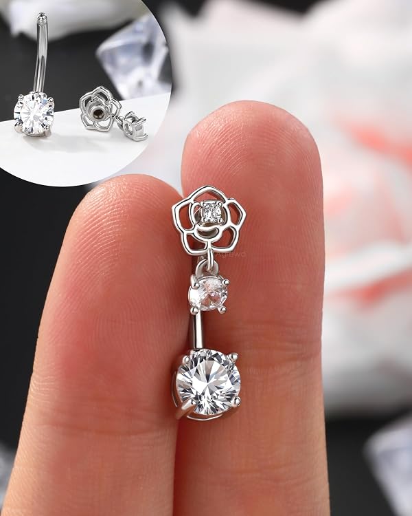 Agrewd Minimalist Rose Flower Belly Button Rings Dangle 14G Belly Navel Rings for Women Stainless Steel Belly Navel Piercing Jewelry by Agrewd - Used condition - Image 6