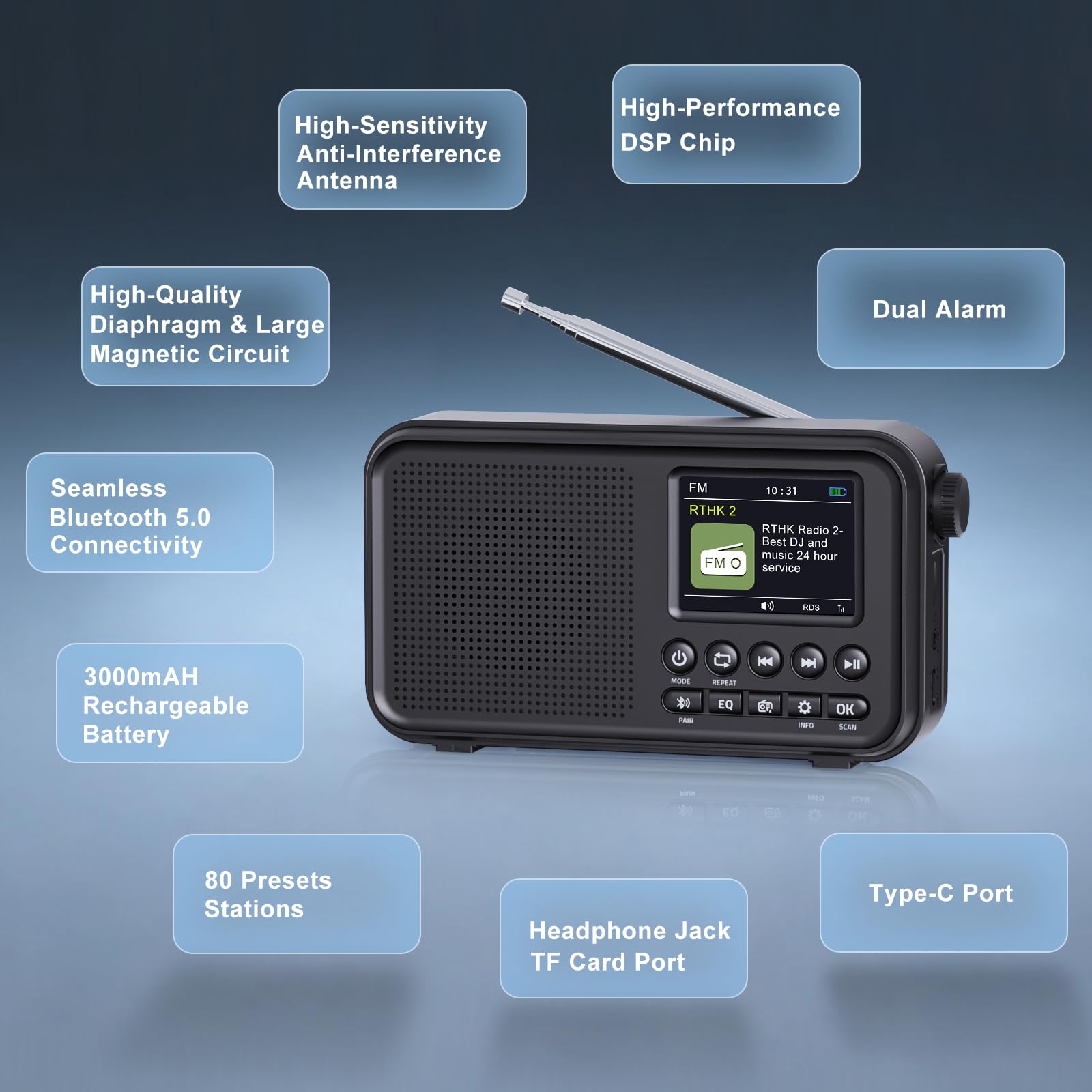 Tragbares DAB/DAB+ Radio, UKW Digitalradio mit 3000-mAh Akku, wiederaufladbares FM Radio mit Bluetooth 5.0, EQ-Modi, 80 Speicherplätze, 2,4-Zoll Farbdisplay, Sleep-Timer, 3,5-mm-AUX Anschluss