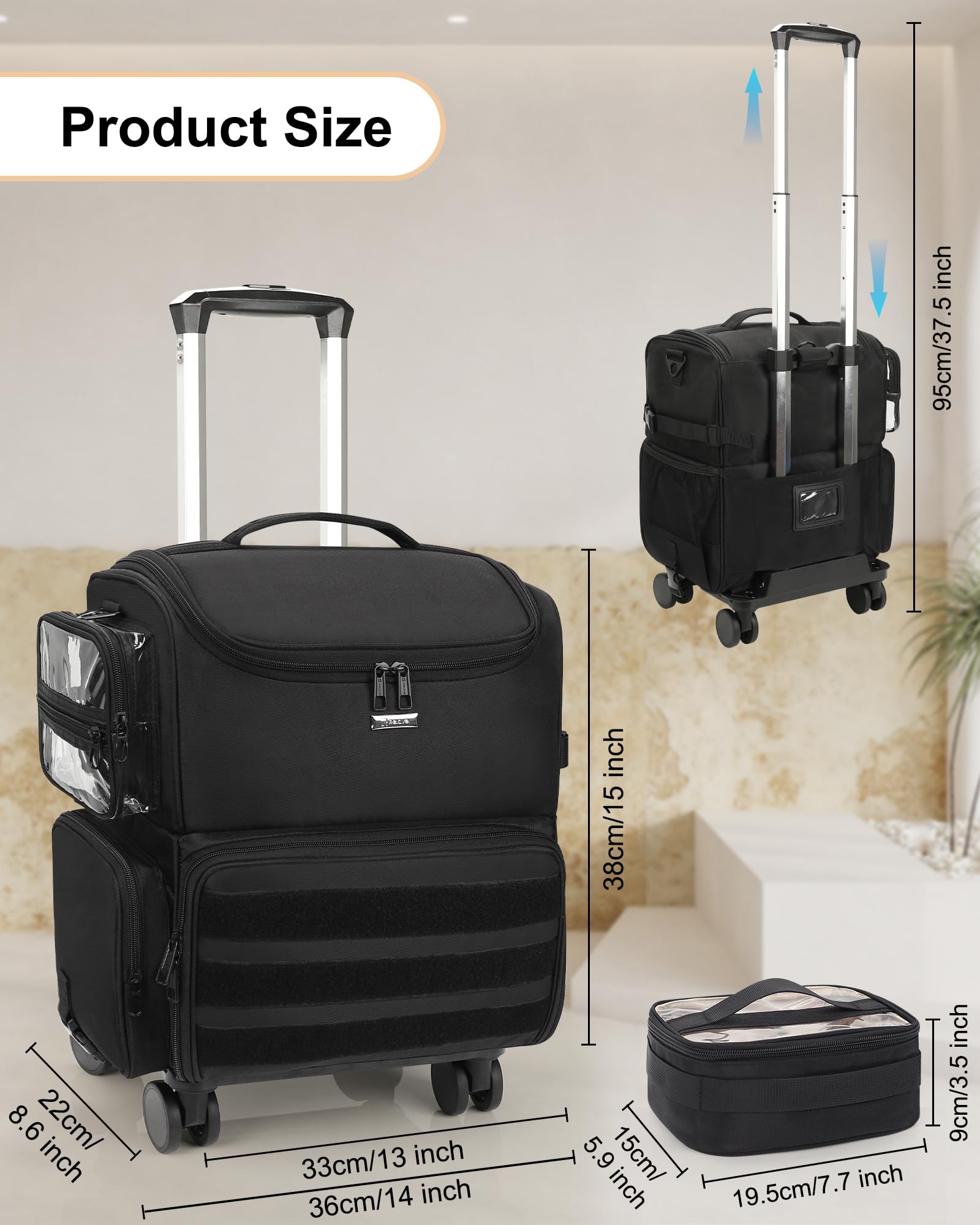 Relavel Rollender Make-up Koffer, Kosmetikkoffer mit Rädern + 4 transparenten Taschen, Profi Set für Make-up-Künstler – Kosmetik-Organisierer mit verstellbaren Trennwänden, 360°-Drehrollen, Schwarz