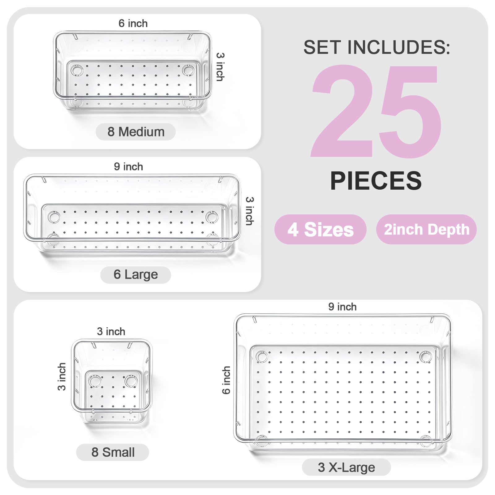 Set di 25 organizer trasparenti per cassetti, 4 dimensioni, impilabili, organizer per cassetti da bagno e scrivania, per trucchi, gioielli, utensili da cucina, forniture per ufficio e piccoli