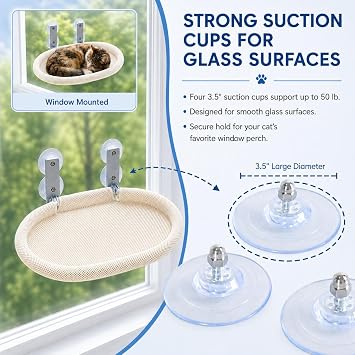 Cat Window Perch for Narrow Windows, Cordless Foldable Hammock Bed with Suction Cups, Breathable Mesh Shelf for Indoor Cats, Space-Saving Hammock Lounger for Sunbathing and Bird Watching, Beige