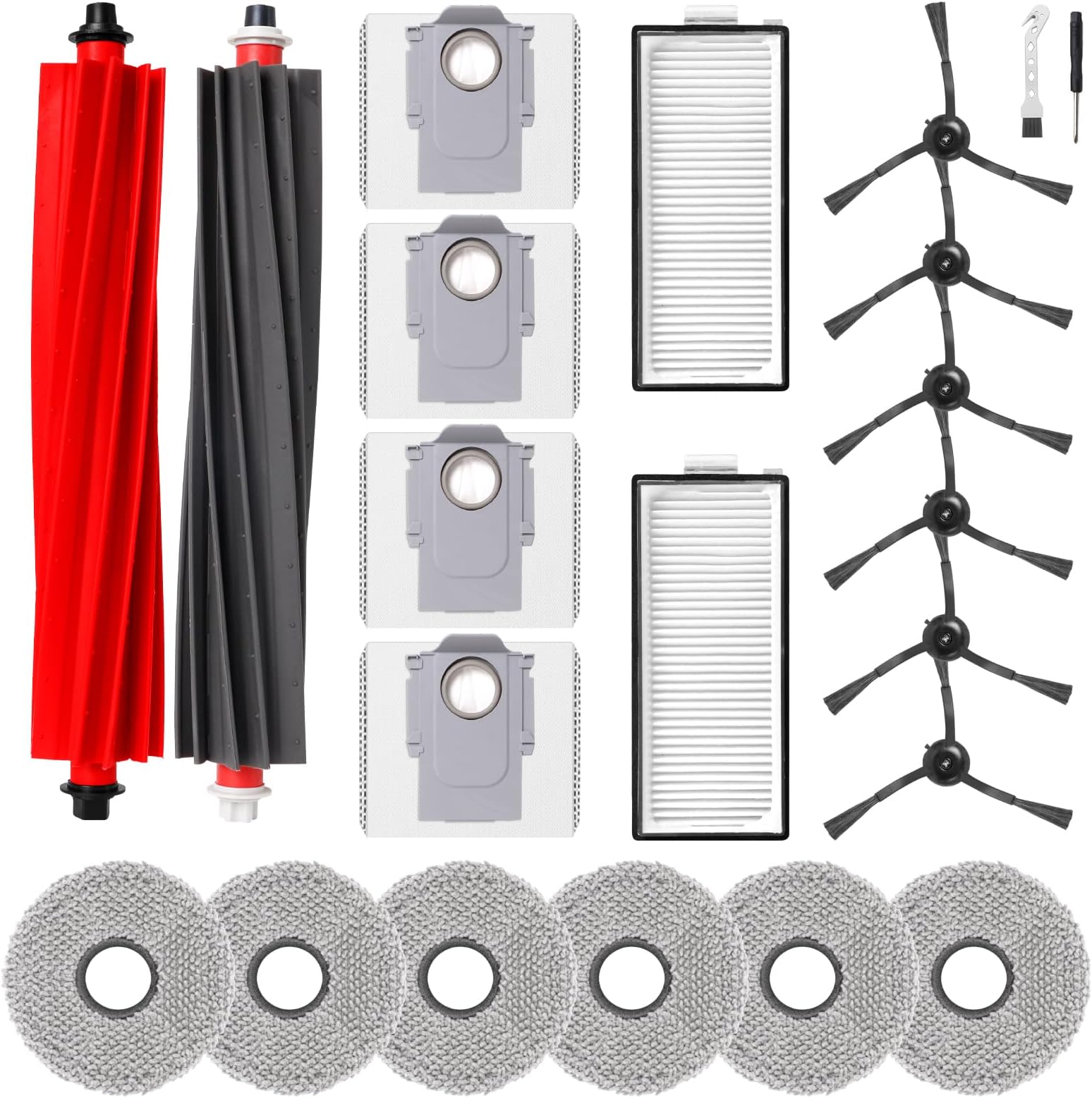 Accessories Kit for Roborock Qrevo Master/Qrevo Slim Robot Vacuum Cleaner, 2 Main Brushes, 2 HEPA Filters, 6 Mop Pads, 4 Dust Bags, 6 Side Brushes, 1 Clean Brush, 1 Screwdriver