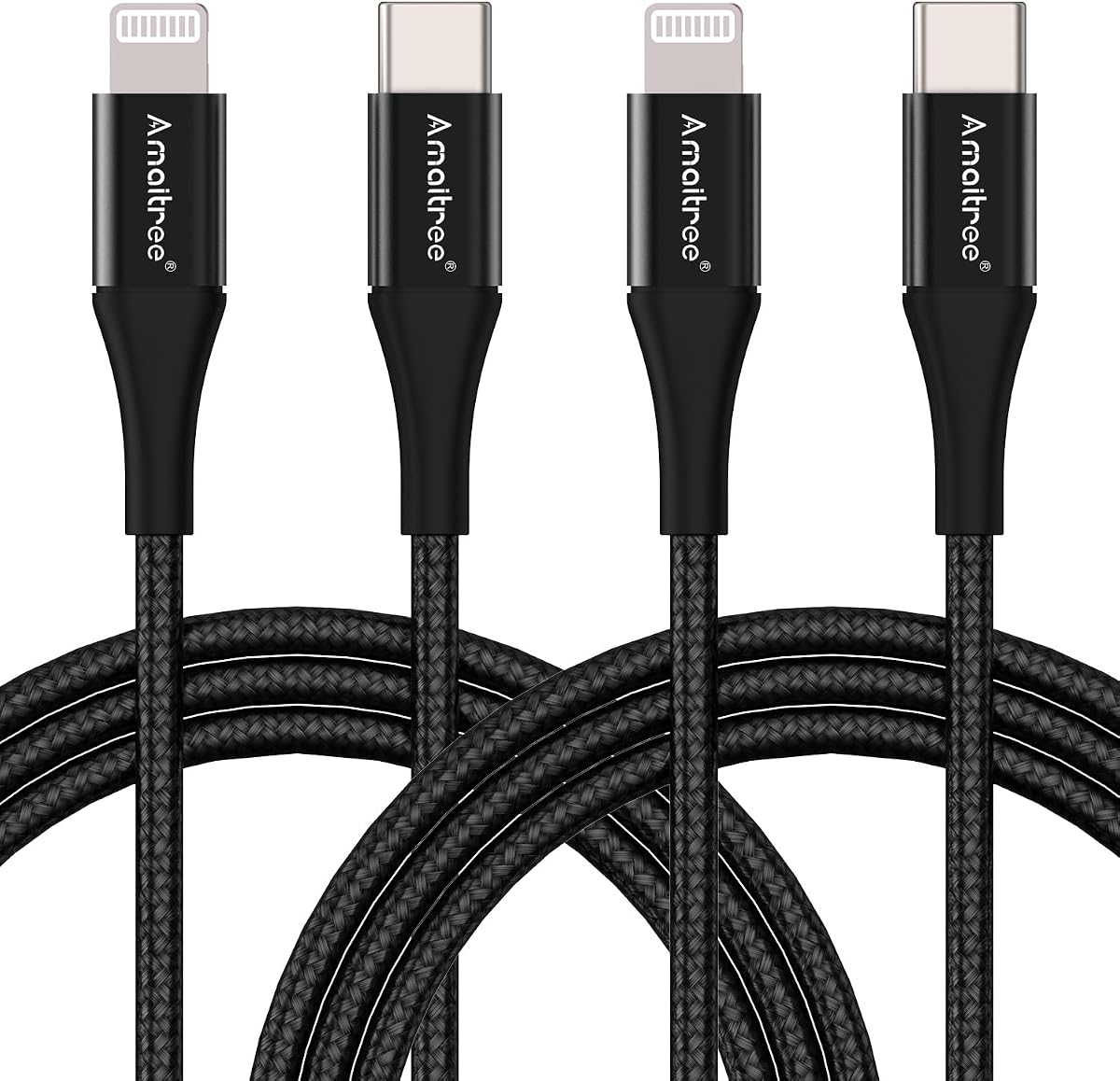 Amaitree USB C to Lightning Cable, [Apple MFi Certified] 4Ft 2Pack Fast Charging iPhone Lightning Woven Cord, 3A Lightning to USB C Car Play Charging Data Cable for iPhone 14/13/12/11/XS/XR/8 - Black