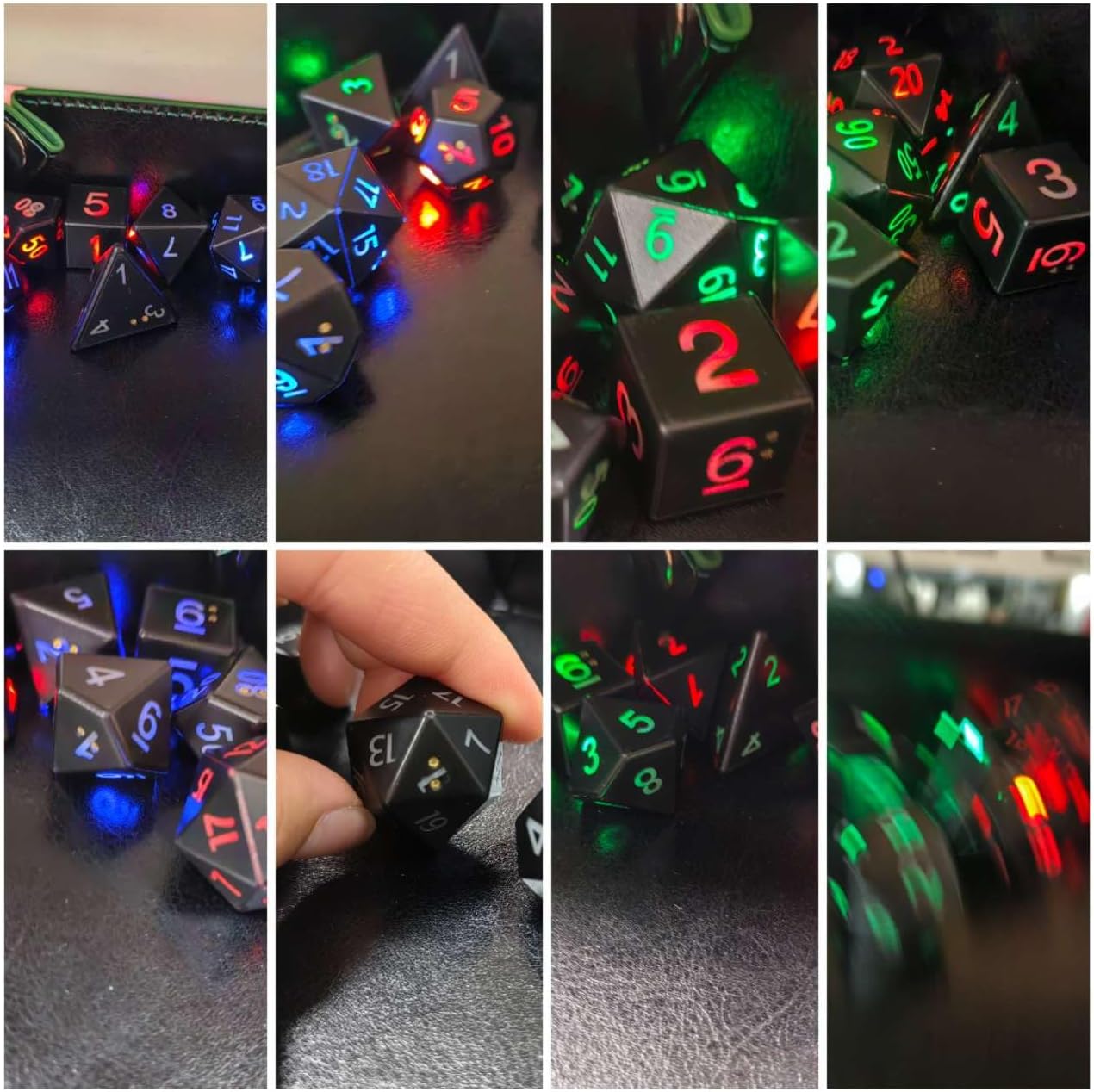 SEEROOTOYS LED DND Dice Set 7Pcs Light Up Dice Set 3 Color Flashing Glitter, Rechargeble Electronic Dice for Dungeon and Dragons, D&D, Yu-Gi-Oh Table Games Dice for Father's Day (Black)
