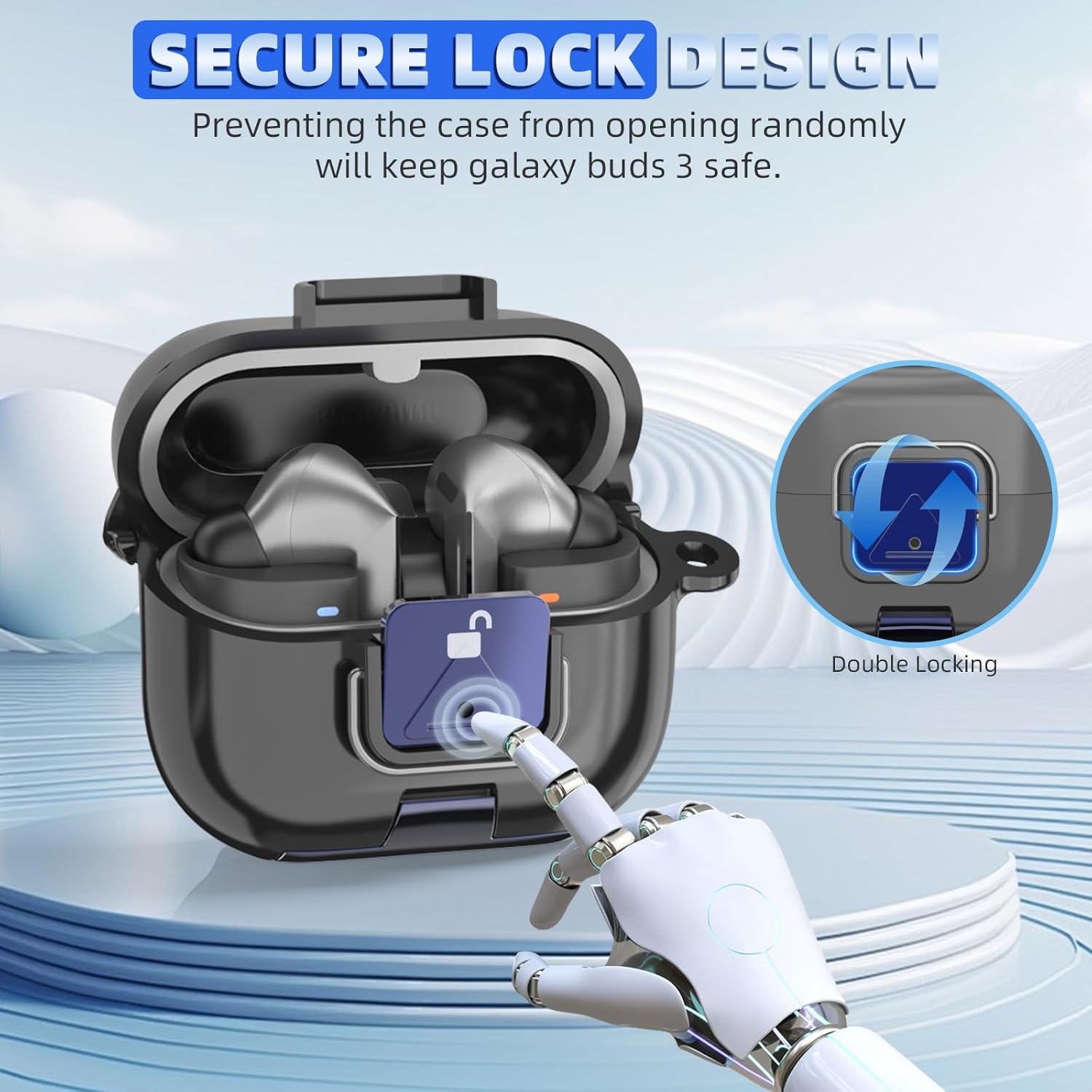 Secure Lock Case for Galaxy Buds 3 Pro (2024) / Galaxy Buds 3 FE (2025) | Phone Stand Design | Soft TPU | Shockproof Protective Cover for Samsung Buds 3 Earbuds w/Cleaning Pen & Keychain (Black) - Image 5