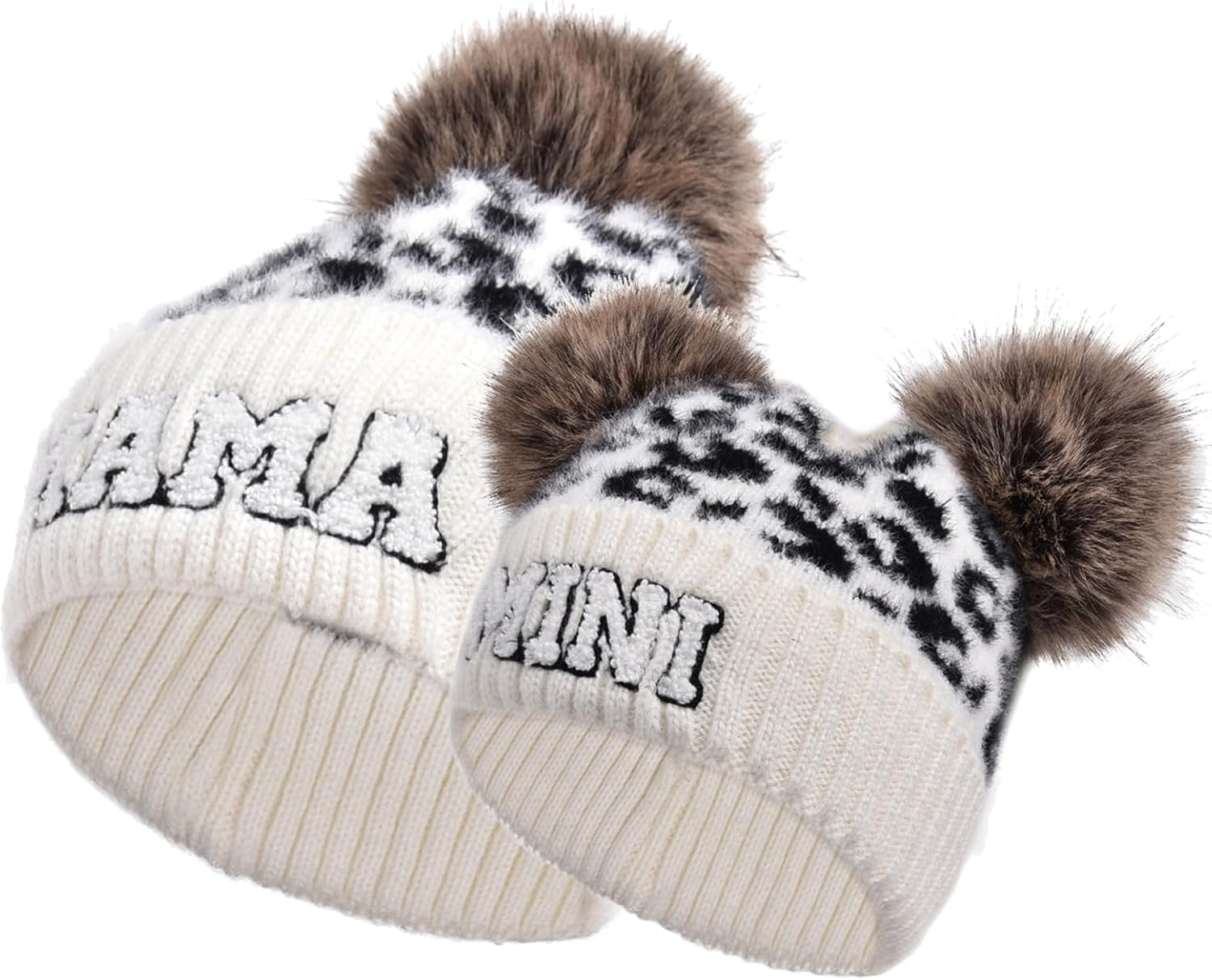 2PCS Parent-Child Beanie Hat Mama and MINI Embroidery Knitted Hat Winter Warm Cuffed Ski Cap with Pom Pom