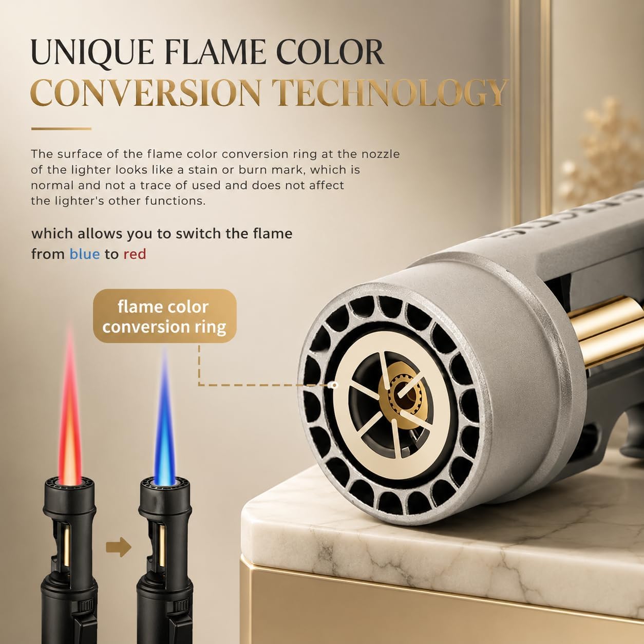 Camping Lighter, Torch Lighter, Switchable Red to Blue Flame, Windproof Refillable Adjustable Jet Flame with Safety Lock for BBQ Hiking Campfires Fireplace Candles Outdoor image 3