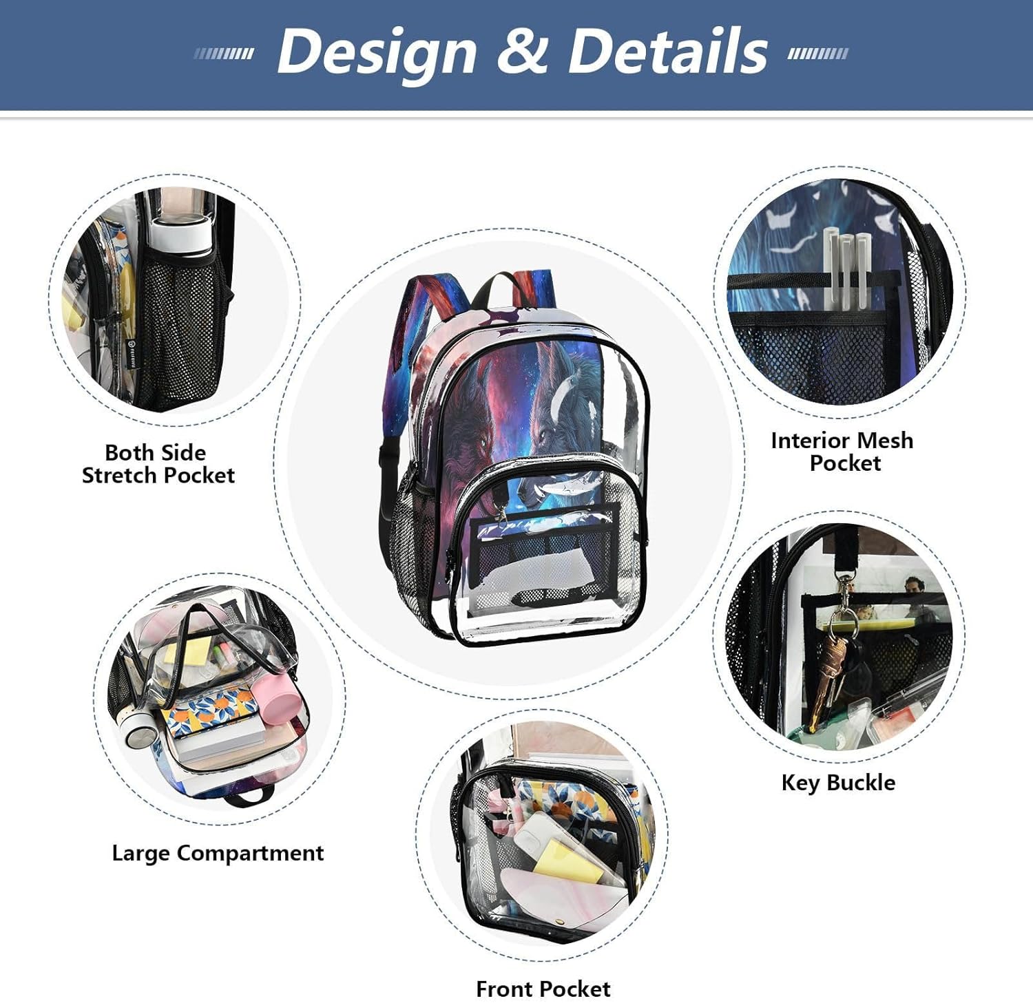 Wolf Space Galaxy Nebula Clear Backpack Heavy Duty See Through Transparent PVC BookBag for Kids Boy Girl Adult School Work
