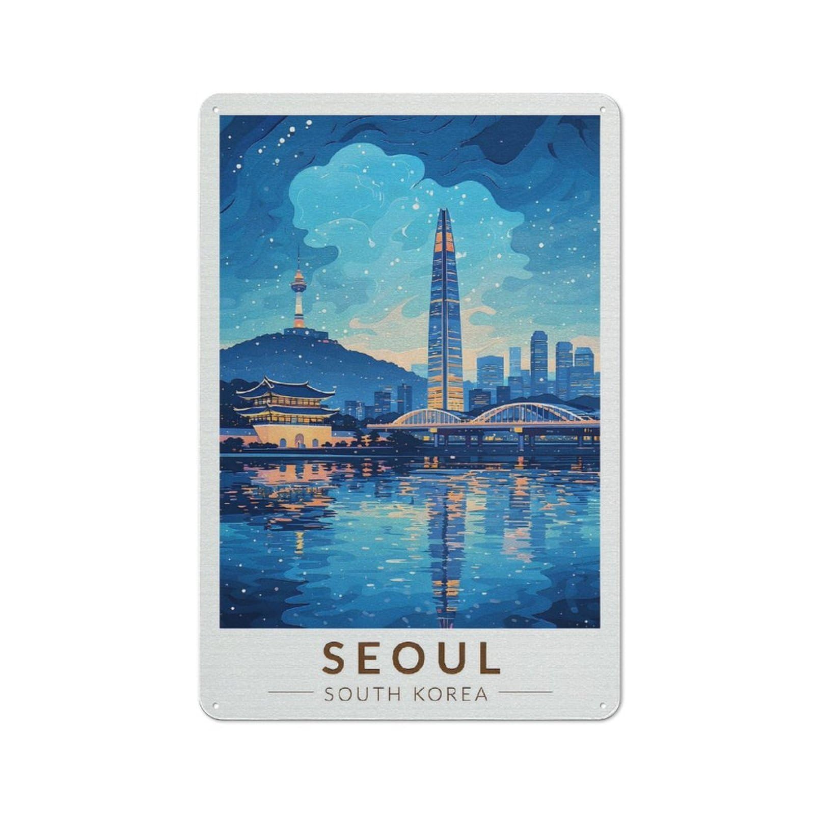 Junmoney Style-14 Vintage Seoul Cityscape At Night(2) Vintage Metal Sign 30X20cm, Restaurant Wall Art For Takeaway, Bar, Kitchen Or Counter Area