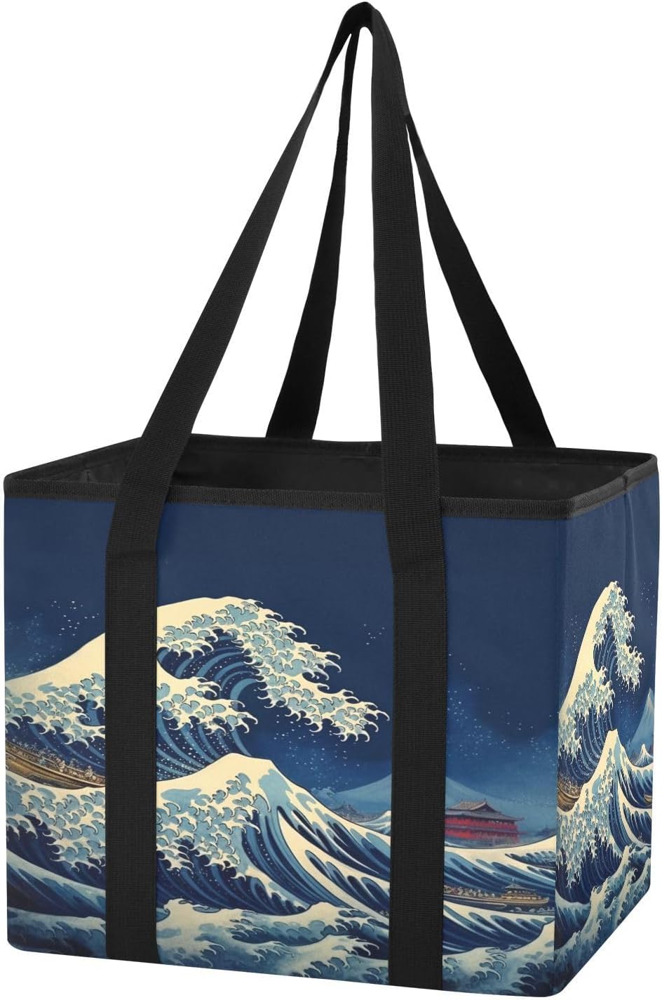 Qilmy Sea Waves Trunk Organizer for Women Men, Waterproof Collapsible Car Organizers and Storage with Reinforced Handles & Removable PE Board for SUV Sedan Truck, Multi-Purpose Storage Tote Bag