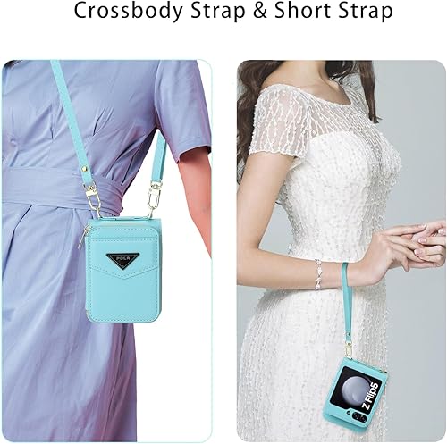 Miniatura 5 de Para Samsung Galaxy Z Flip 5 Lujosa funda de cuero con cremallera ofrece 6 ranuras para tarjetas, con correa para la muñeca y correa de hombro