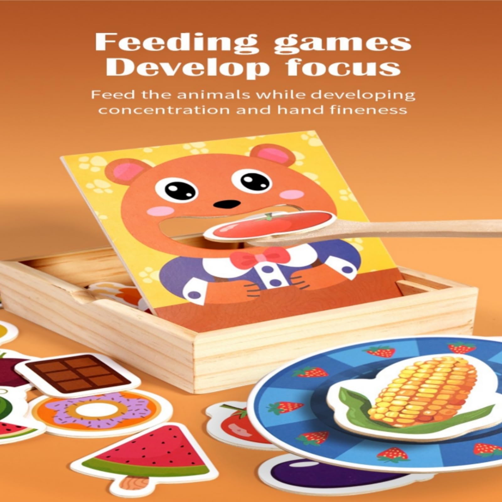 Juguete de alimentación de madera para niños pequeños: Montessori Juego de comida de juego de simulación para niños con 30 alimentos diferentes, cuenco y cuchara, juguetes de aprendizaje 5