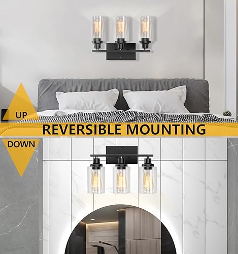 Miniatura 4 de Lámparas de baño, 3 luces, lámpara de tocador negra con pantalla de vidrio transparente, lámpara de pared moderna con marco de metal, lámparas de
