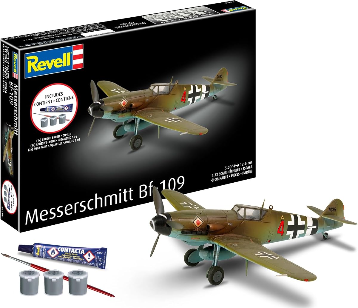 Revell Messerschmitt Bf-109 Kit de modelo de avión de combate de la Segunda Guerra Mundial, juego todo incluido | Kit de construcción de modelo de avión militar de la Segunda Guerra Mundial a escala 1:72, incluye pegamento para pintura y pincel, 38 piezas, nivel de habilidad 3, mayores de 10 años, 74160