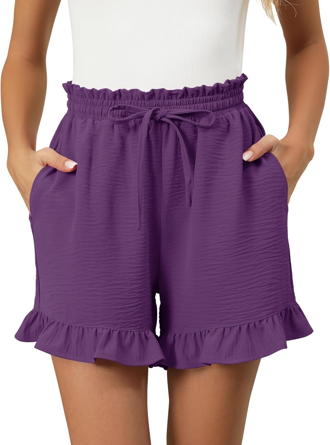 IECCP Women's Shorts 2026 Summer Casual Cute Ruffle Shorts Comfy Elastic Waist Drawstring Pleated Short with Pockets