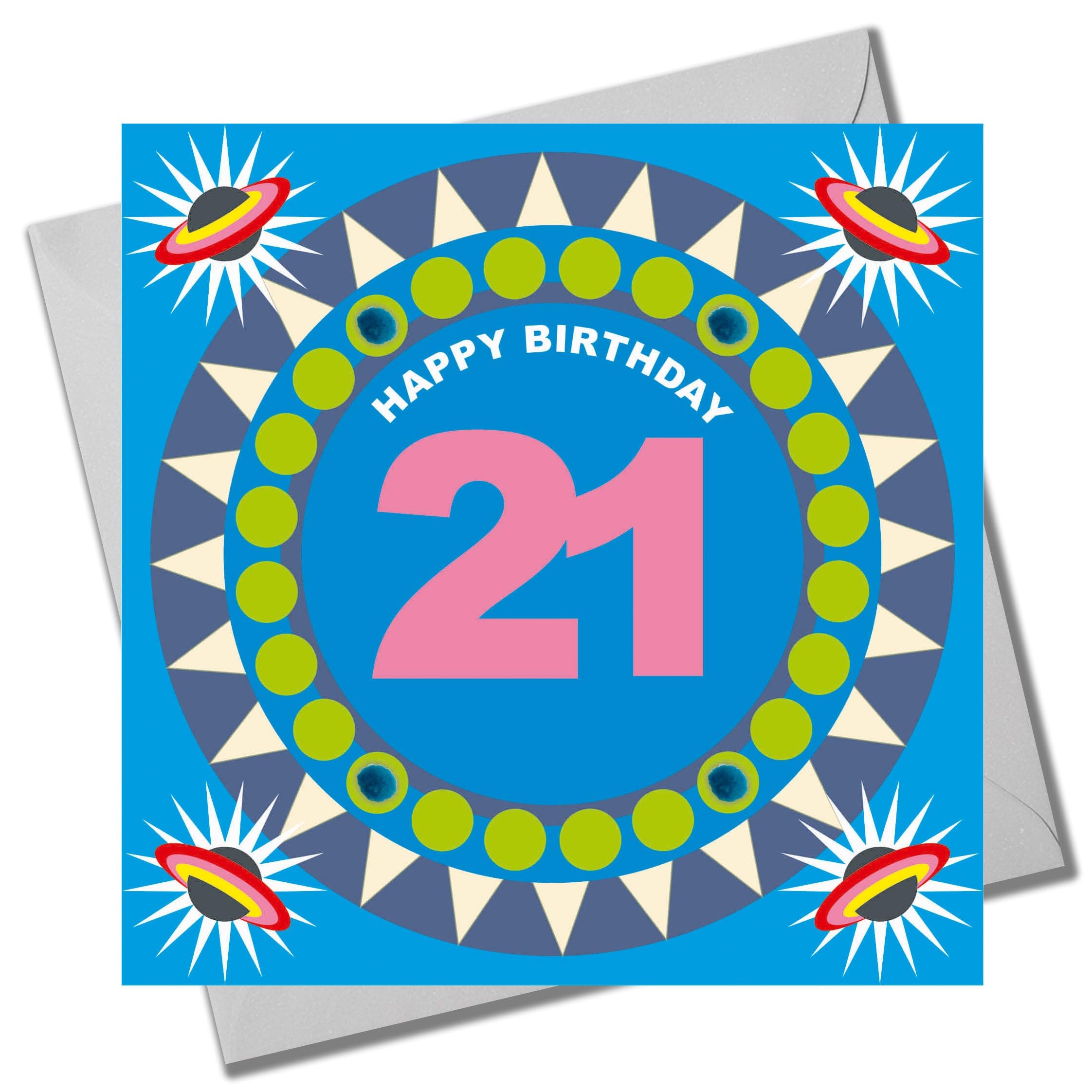 Claire Giles Greeting Cards, Age 21 Birthday Card, Happy 21st Birthday, Blue Circle design and Embellished with pompoms