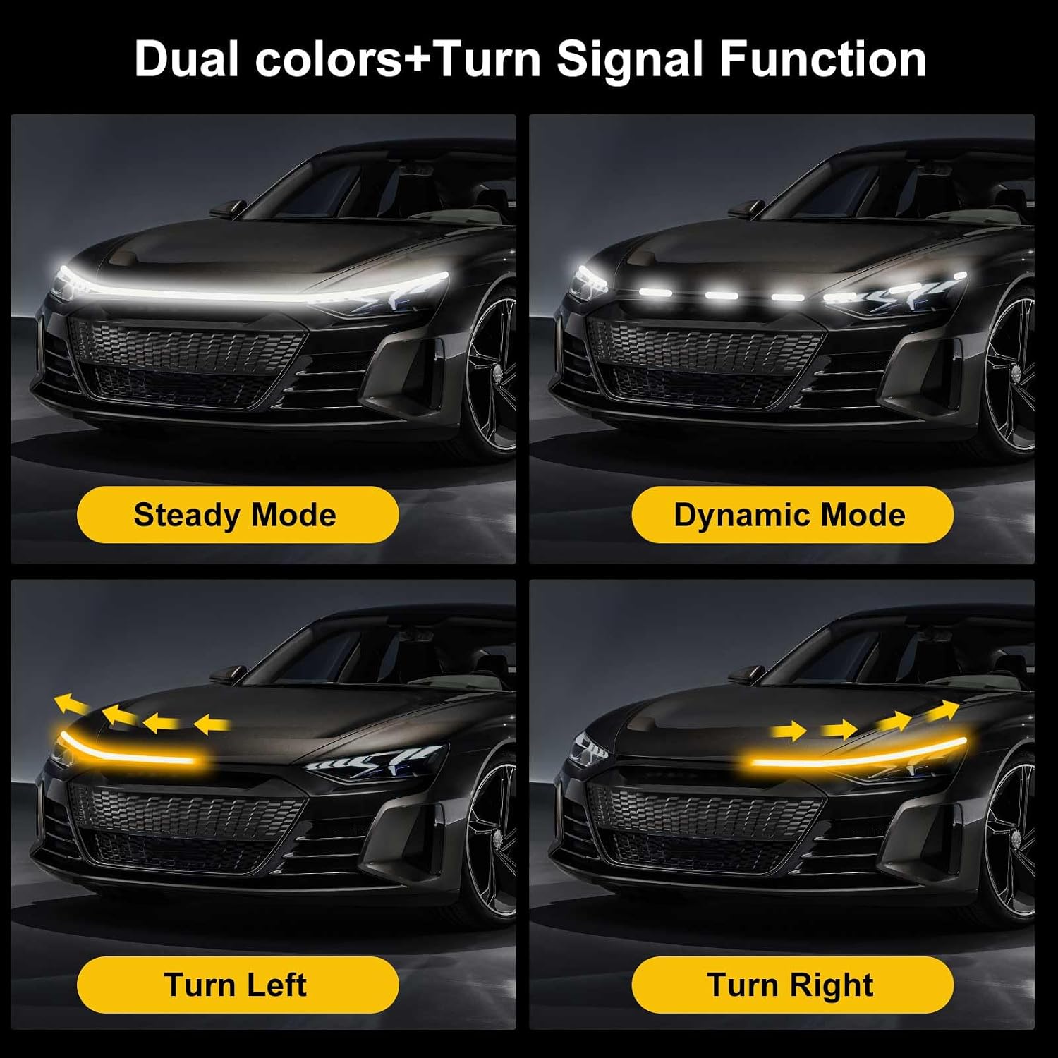 YUGUANG 70 Inch LED Hood Light Strip, Hood LED Light Strip with Amber Turn Signal Lights Waterproof Flexible White Dynamic Scan Start Up Hoodbeam Kit for Car, Truck, SUV