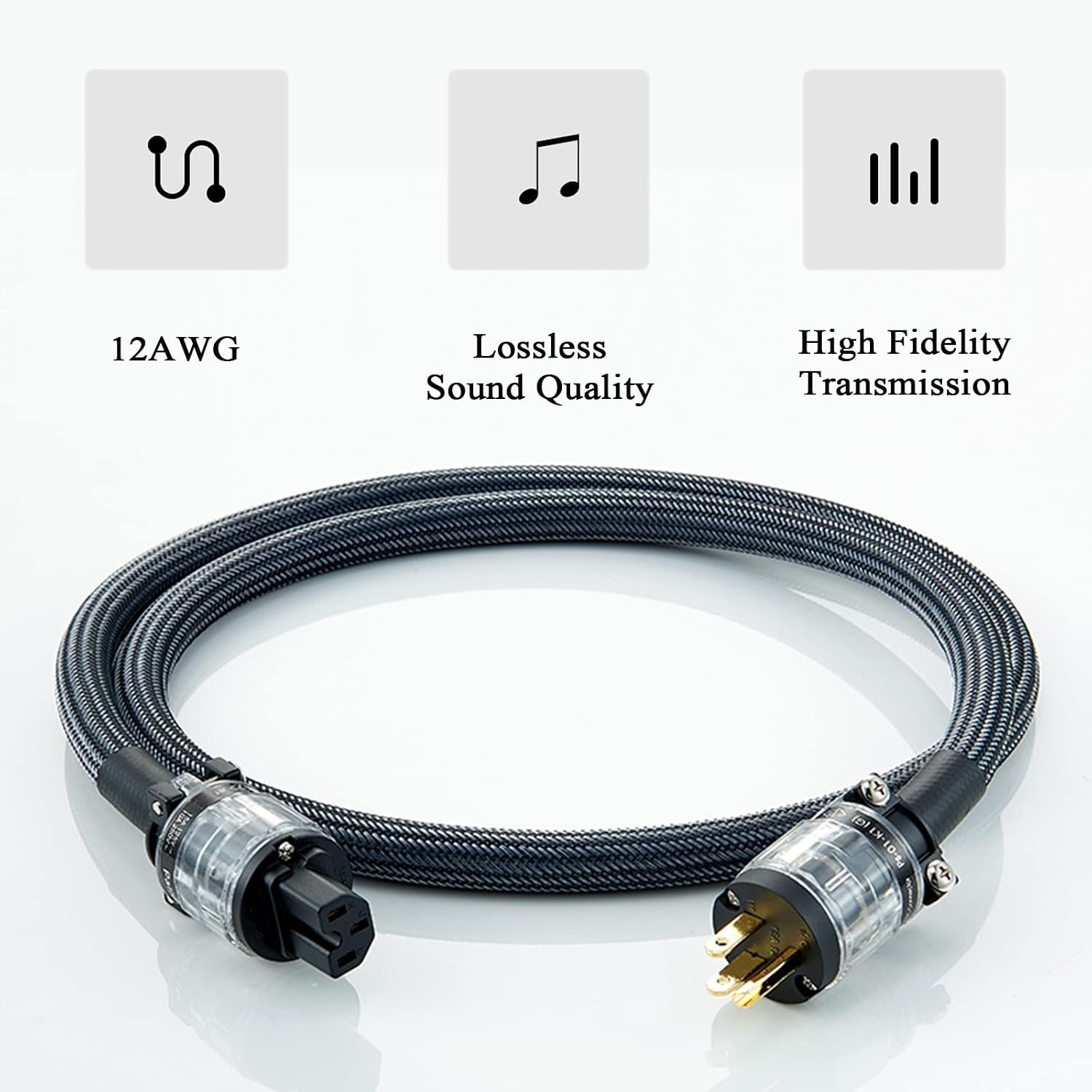 HiFi Power Cable AC Power Cord 3-Prong US Plug, 12AWG Audiophile Power Line with Braided Sleeves for Power Filter, Turntable, Amplifier, CD Player, Transparent Plug, 5FT/ 1.5m