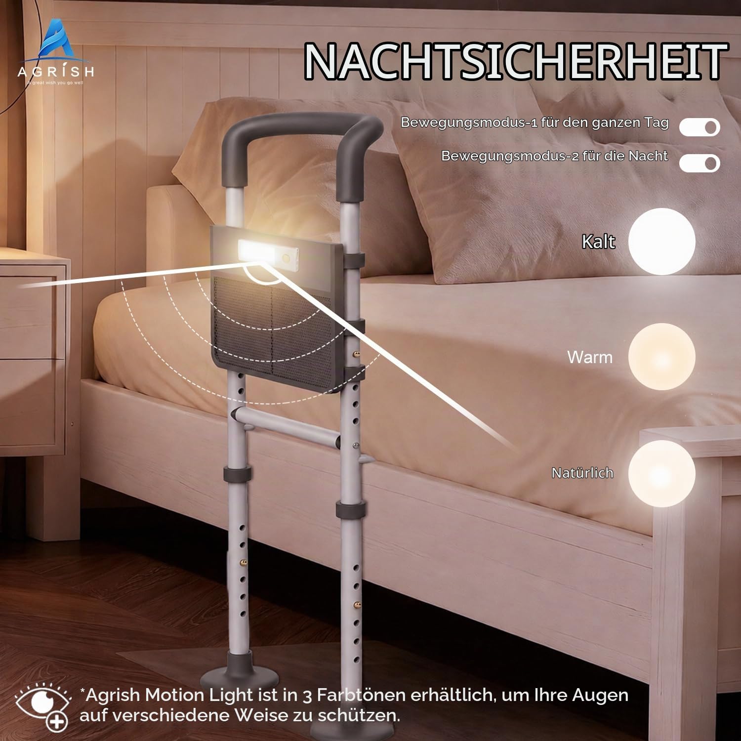 Agrish Höhenverstellbares Bettgitter mit LED-Licht für Senioren