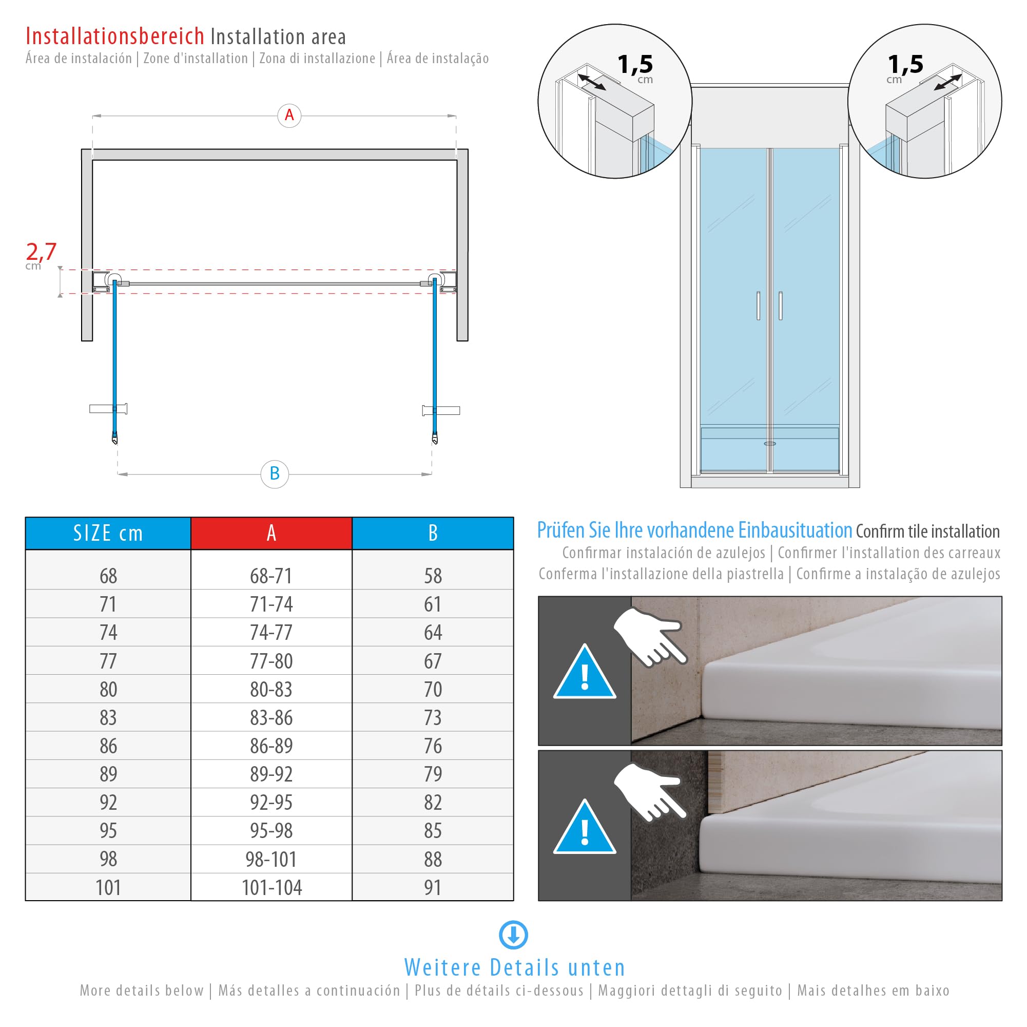 Puerta de Ducha Lara | Apertura Abatible, Cristal Seguridad 6mm, Negro Mate, Varias Medidas (negro mate, 74-77 | 195 cm)