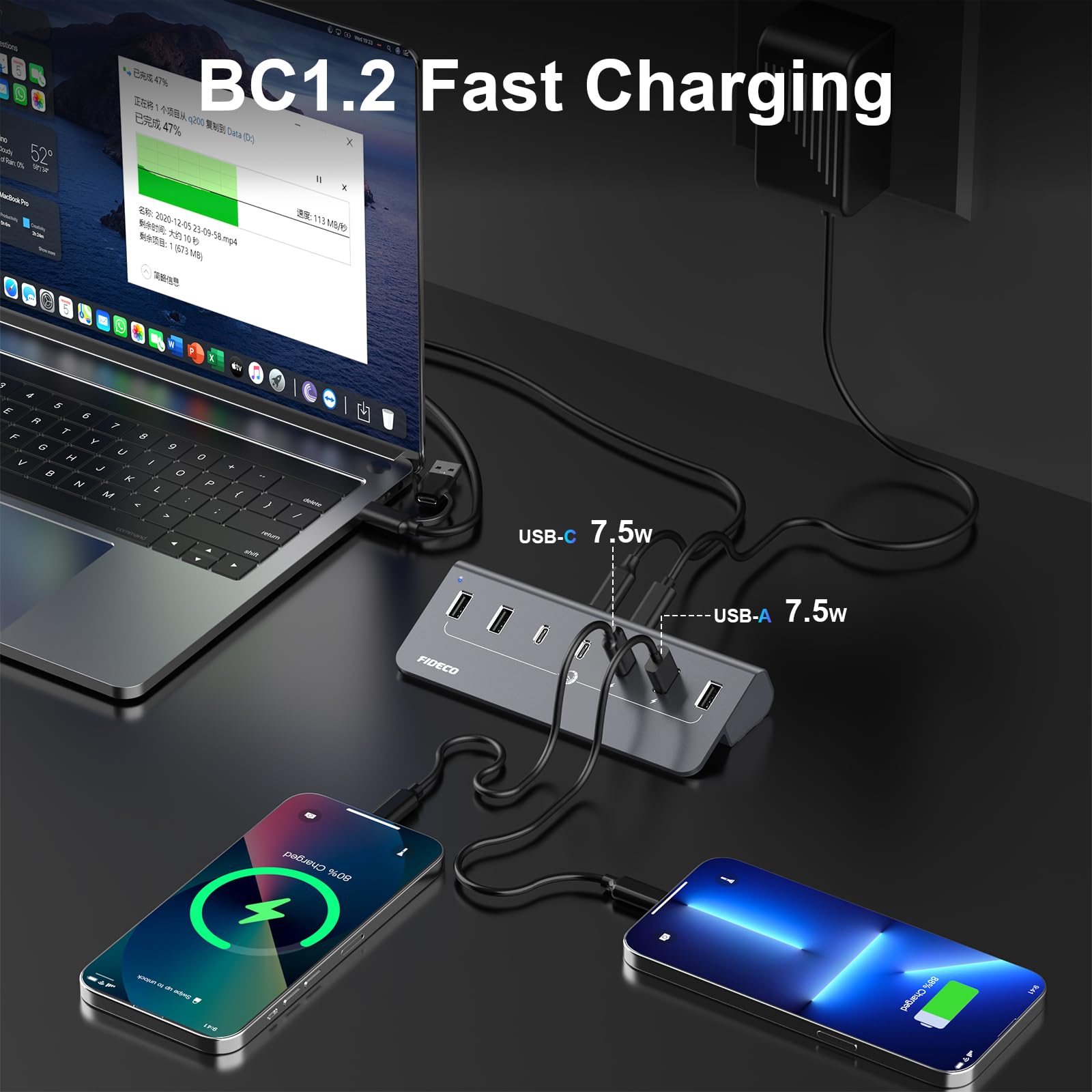 FIDECO Hub USB Alimentado, 7 Puertos USB 3.2 Gen 2 10Gbps Alta Velocidad Aluminio Completo con Adaptador de Corriente de 5V 3A 4 Puertos USB A y 3 Puertos USB C Soporte de Carga BC1.2 (Gris)