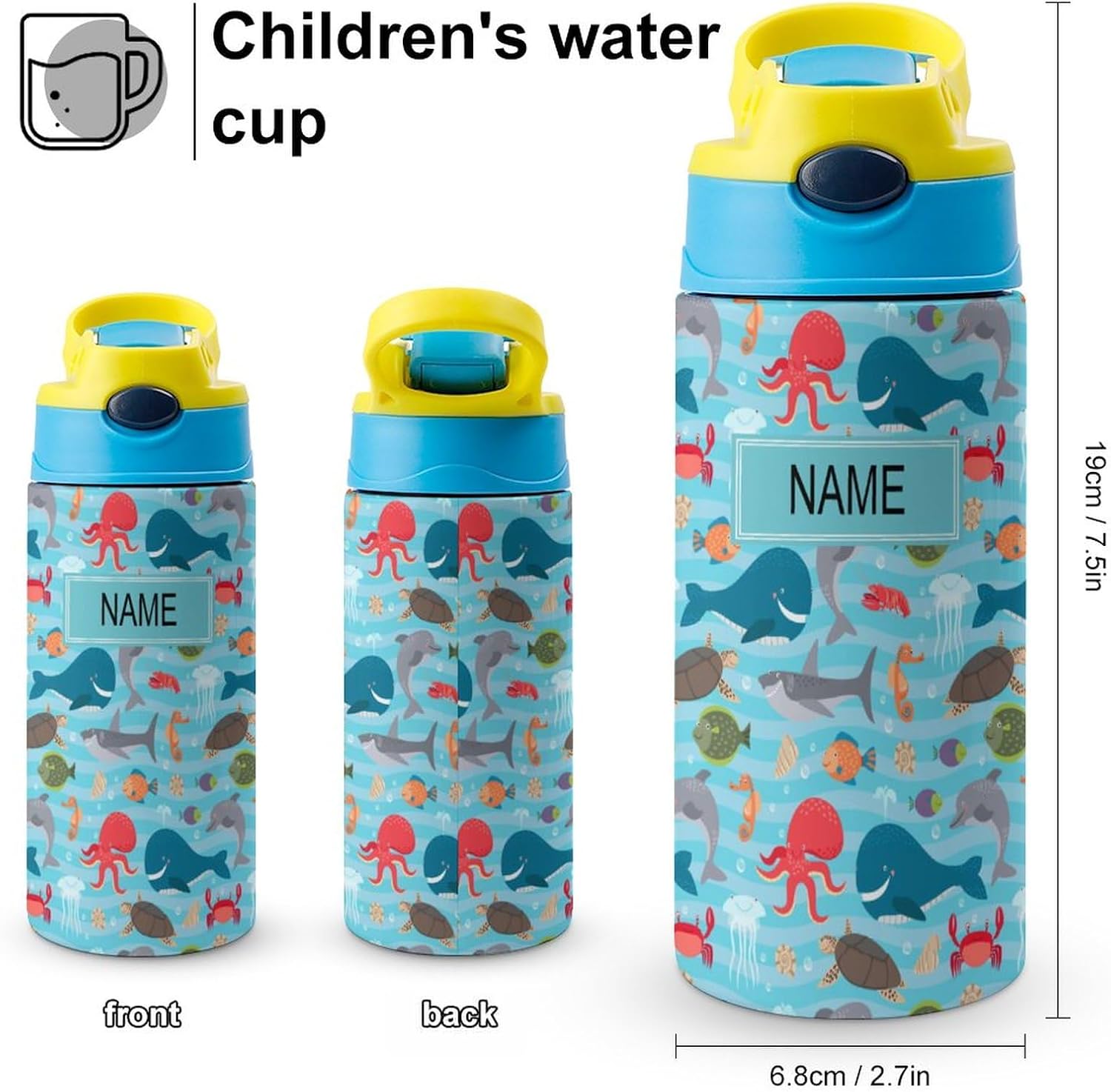 Personalized Kids Water Bottle with Straw Lid Custom Name Cute Shark Whale Insulated Stainless Steel Water Bottle Customized Reusable Children Cup for School Sports