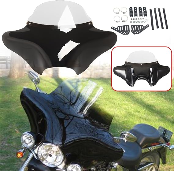 Universal Motorcycle Front Batwing Fairing Windshield Windscreen Compatible with Harley Touring Softail Yamaha Suzuki Honda , Black+Clear