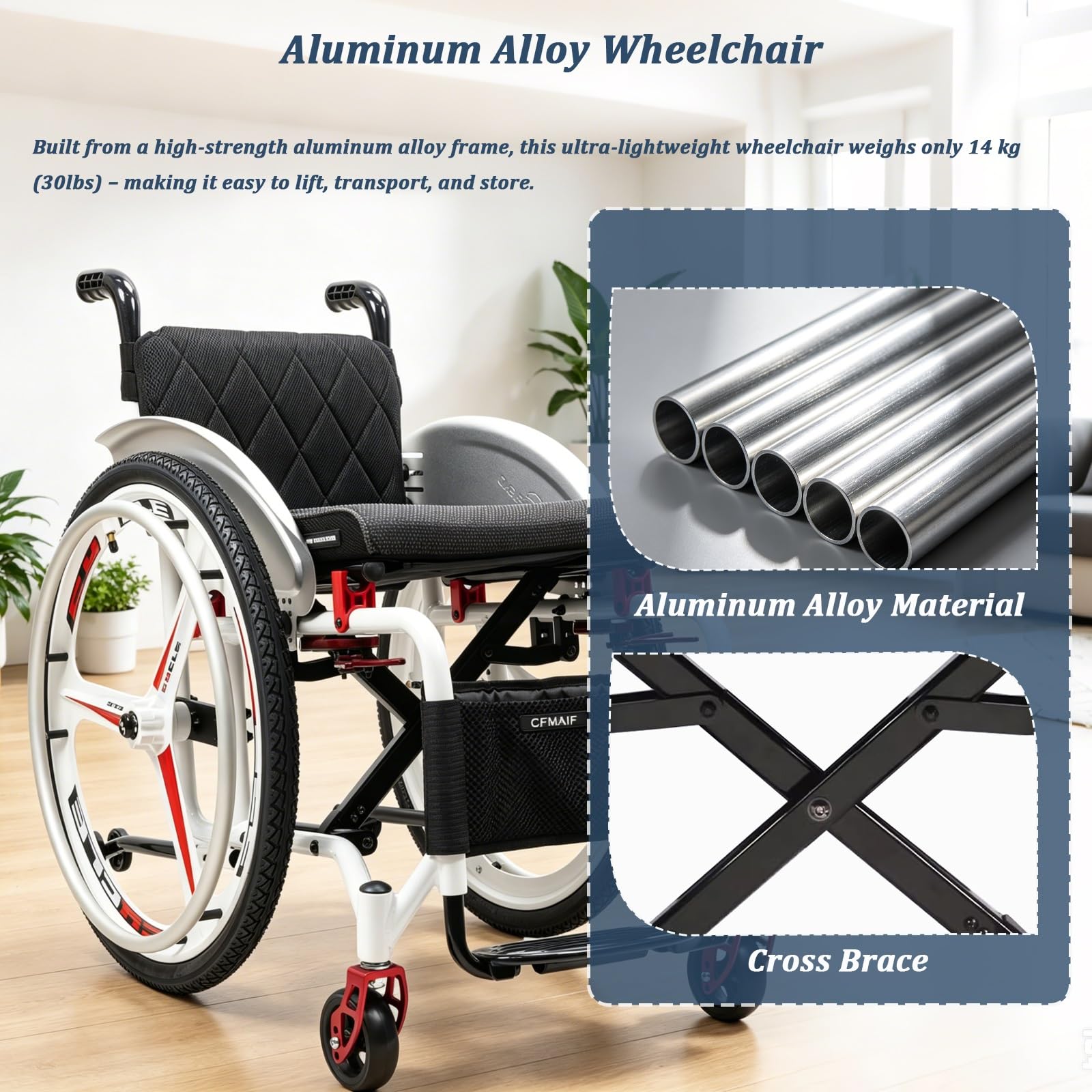 Silla de ruedas plegable ligera, de Aluminio para Adultos, Autopropulsable, Viaje de embarque portátil, reposapiés abatible(A,43cm/16.9in Seat)