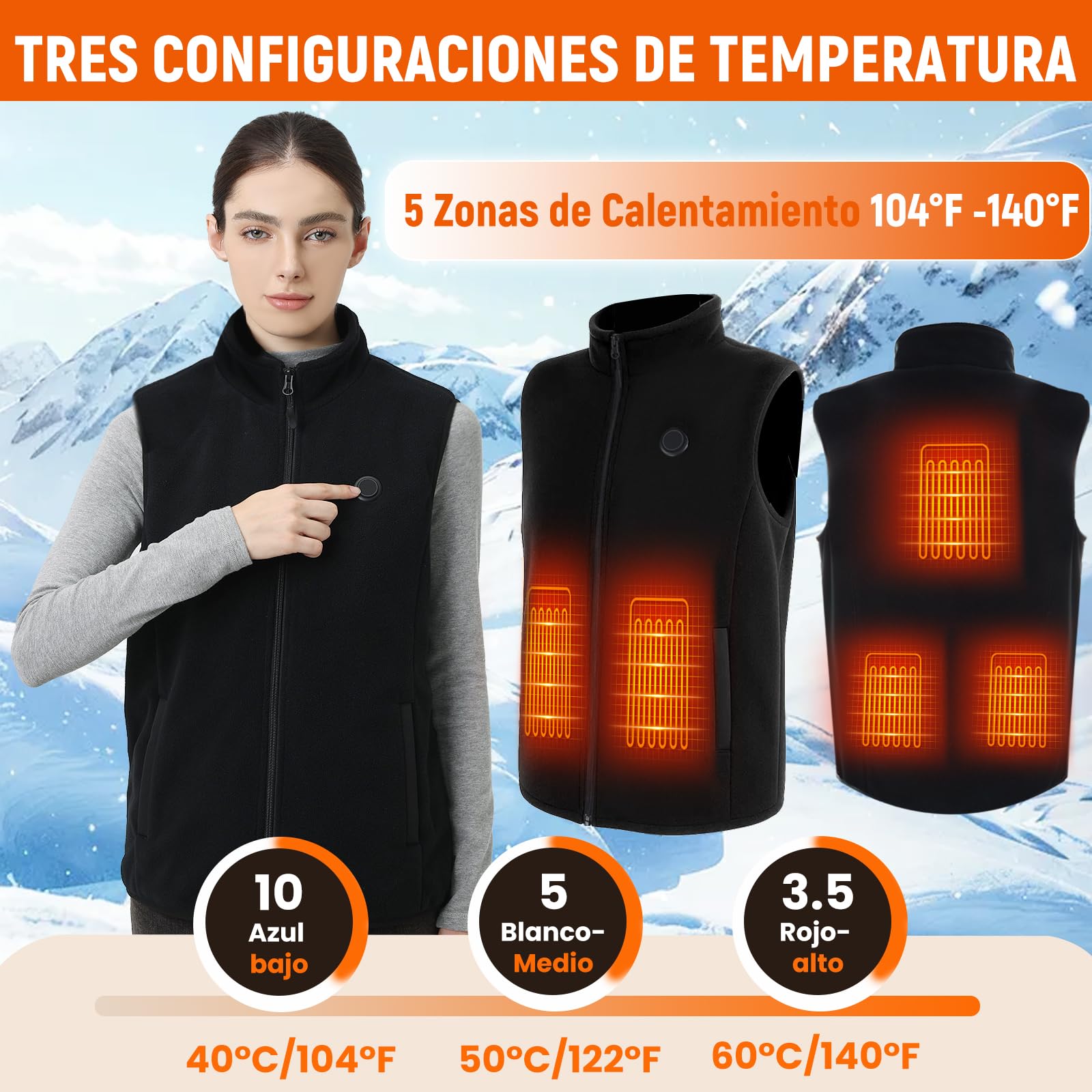 Chaleco Calefactable Mujer: 3 Temperatura Ajustable con 5 Zonas Calefactables, Chaleco Térmico Mujer Equipado con Batería USB de 10000 mAh, Ideal para Acampar Actividades al Aire Libre