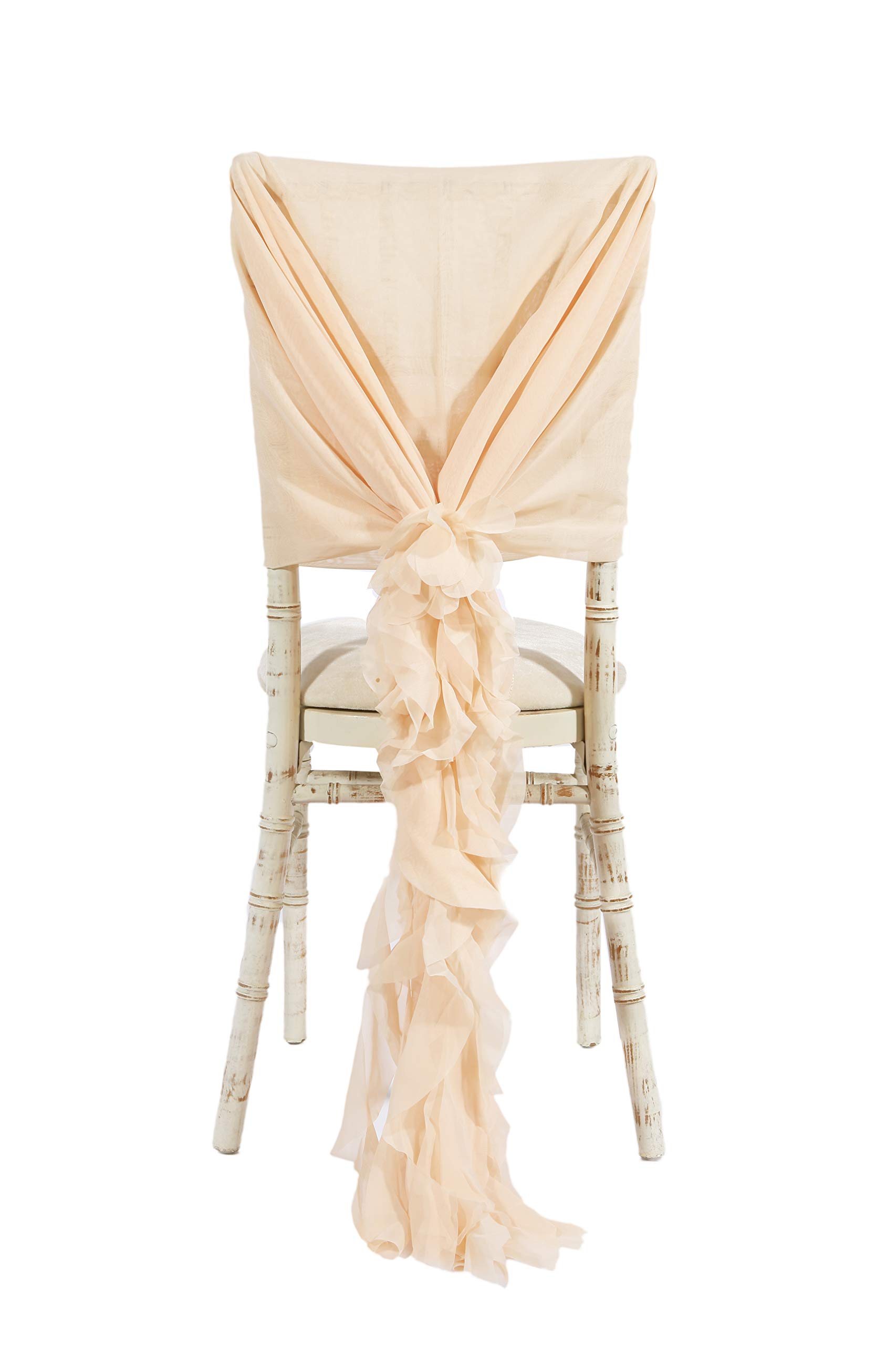 LUXURY CHIFFON HOODS WITH RUFFLES DECOR CHAIR COVER SASH WEDDING PARTY EVENTS (Champagne, 10 Pcs)