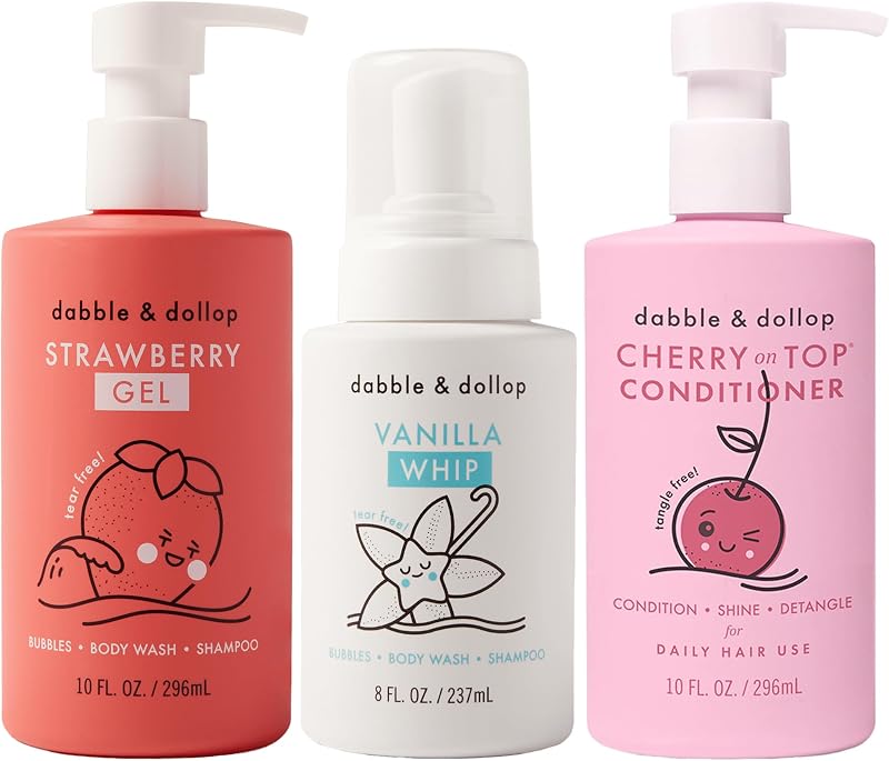 Conjunto infantil Berry para banho e cabelos Dabble & Dollop com 3 produtos, morango, baunilha e cereja