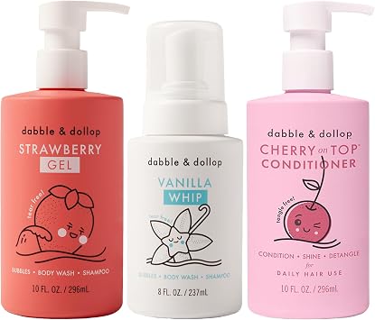 Dabble & Dollop Berry Kids Bath & Hair Care Set Tear-Free 3-in-1 Body Wash, Shampoo & Bubble Bath + Conditioner, Paraben & Sulfate Free, Vegan, Gluten-Free, Strawberry, Vanilla & Cherry Pack of 3