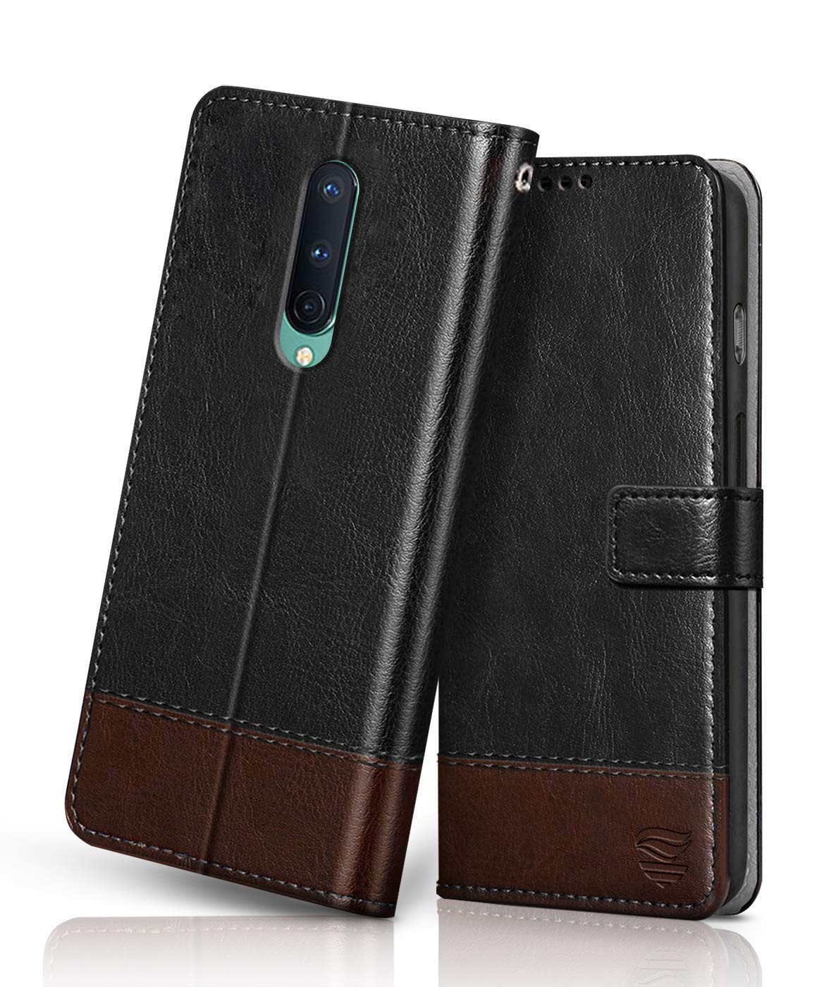 FLIPPED Vegan Leather Flip Case Back Cover for OnePlus 8 (Flexible, Shock Proof | Hand Stitched Leather Finish | Card Pockets Wallet & Stand | Black with Brown)