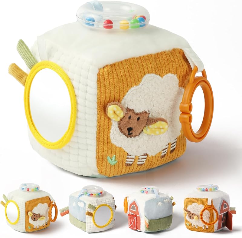 Cubo sensorial Farm Baby para bebés de 0 a 12 meses: bloque de actividades suave con sonajero de cuentas y espejo seguro para bebés | Regalo de juguete Tummy Time para niños y niñas, lavable a máquina
