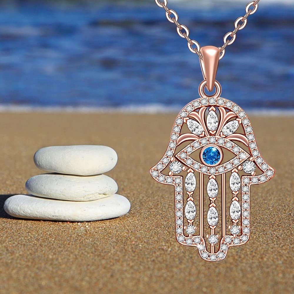 Fenthring Hamsa Hand Evil Eye Necklace for Women Sterling Silver Hand of Fatima Mal De Ojo Necklaces Pendant Rose Gold Plated Blue Cz Evil Eye Protection Jewelry Charms Christmas Gifts - Image 6
