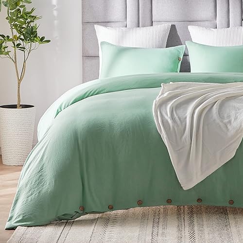 EXQ Home Sage Green Duvet Covers Queen Size Soft Queen Duvet Cover Set 3 Pieces with Button Closure, 1 Duvet Cover 90x90 inches and 2 Pillow Shams