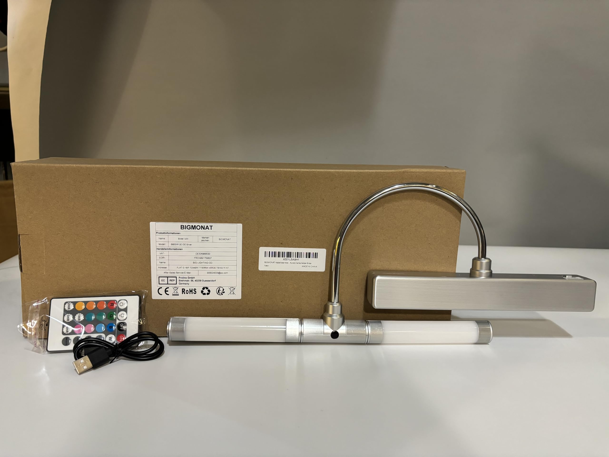 BIGMONAT Luz de imagen Batería Luz recargable inalámbrica para cuadros con control remoto,luz de pared regulable para pintar cuadros, exhibición con 12 cambios de color,4000K 180LM 28 LEDs-Plata