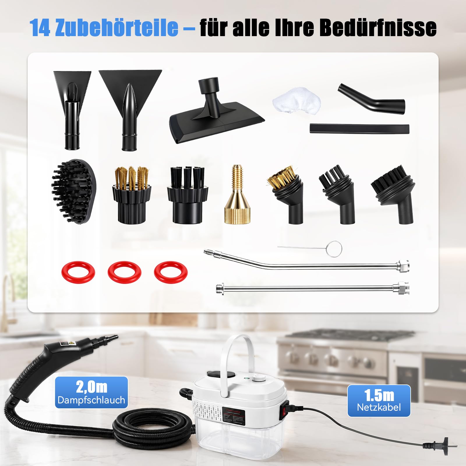 Dampfreiniger Handgerät, 1600W Handdampfreiniger mit 1.4L Tank Handdampfreiniger, Dampfdruck 3 Bar, Aufheizzeit: 15 s, für Bodendampfer, Ofen, Teppich, Sofa, Polster, Bettwanzen, Auto