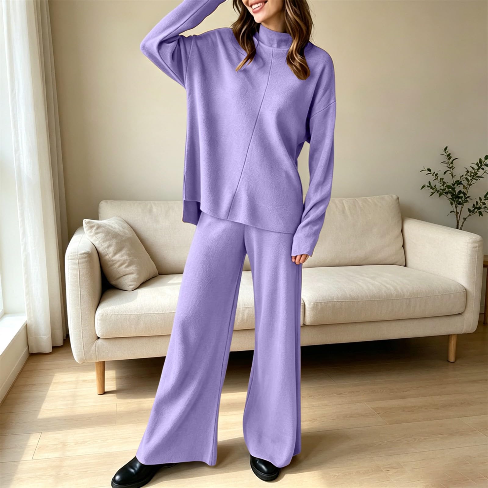 Set da donna in due pezzi, elegante, 2 pezzi, pantaloni lunghi ed eleganti | Maglia a collo alto, tinta unita, con pantaloni dritti, tuta per il tempo libero, morbida e confortevole, tinta unita
