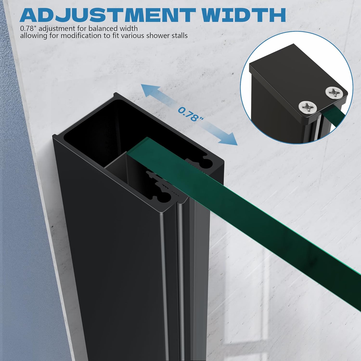 Shower Glass Panel, 34" W x 72" H Semi-Framed Fixed Shower Screen Panel with Handle, 5/16"(8mm) SGCC Clear Tempered Glass, Frameless Walk in Shower Door for Bathroom, Matte Black