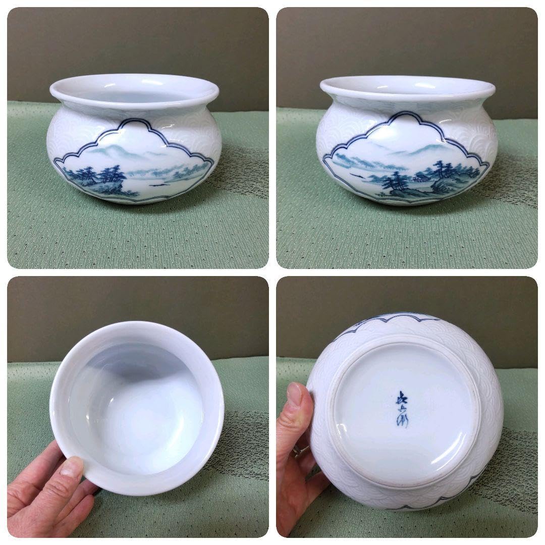 825）✿特価☆有田焼☆喜兵衛窯☆青海波彫山水画皆具【木箱入】破魔