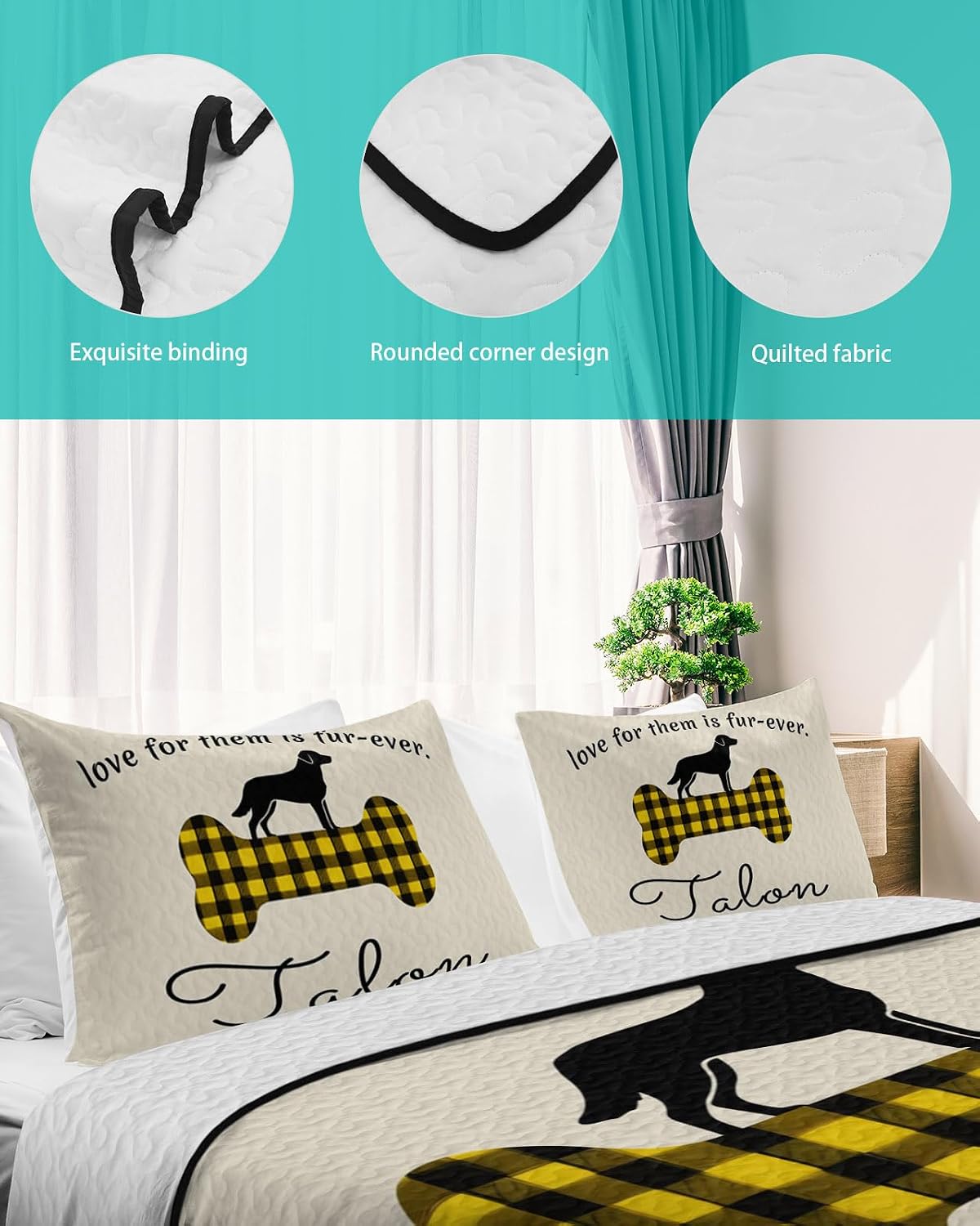 King Size Quilt Set, Yellow Black Buffalo Plaid Bone Cute Dog Lightweight Bedspread Coverlet Set Soft Microfiber Summer Quilt with 2 Pillow Shams, Vintage Linen 3 Piece Comforter Bedding Set