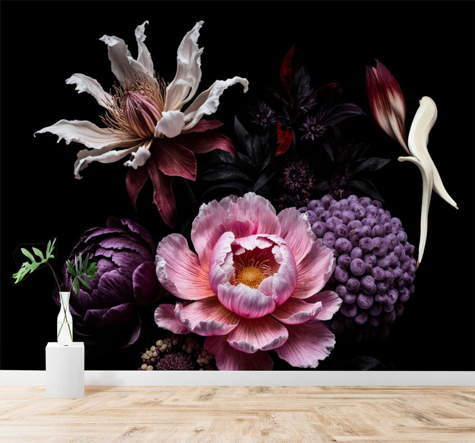 XLMING Minimalist Dark Coloured Bouquet Peonies Clematis Purple Flowers 3D Wallpaper Silky Texture Home Study Office Grey Dining Room Sofa Bedroom Living Room TV Backdrop-300cm×210cm