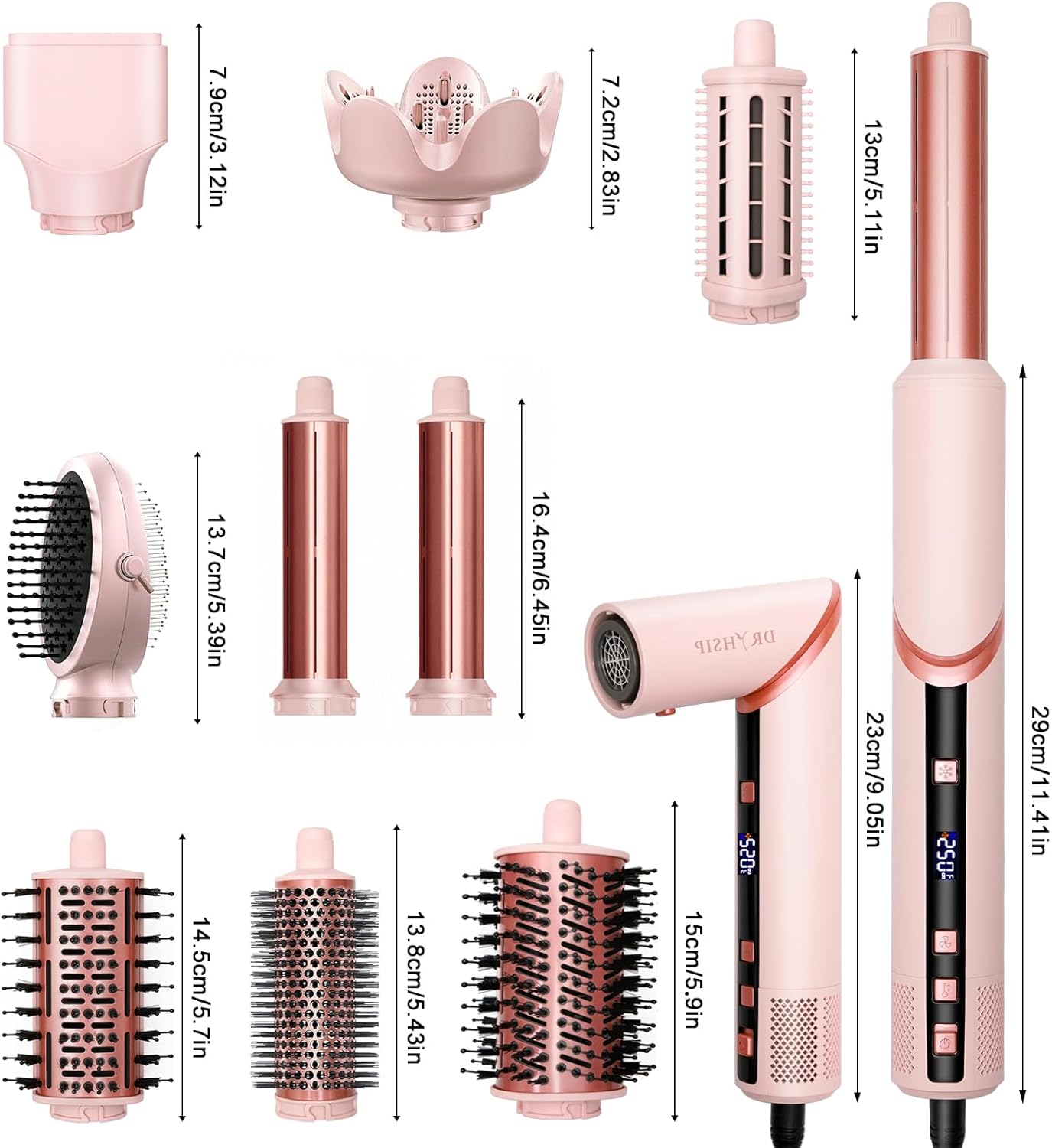 9 in 1 Hair Styler Curler & Air Dryer Brush, 110,000 RPM High-Speed Negative Ionic Foldable Hair Dryer Fast Drying, Multi Professional Hot air Styler for Curling Volumizing Straightening Styling(Pink) - Image 8